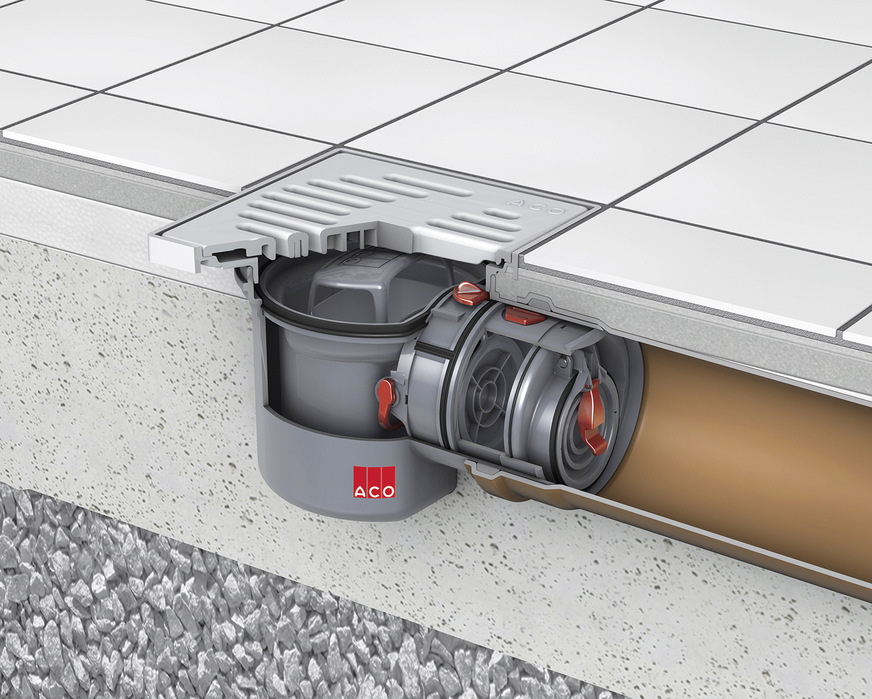 ACO Kellerablauf Junior mit Rückstauverschluss für fäkalienfreies Abwasser – zum Einbau in die Bodenplatte.