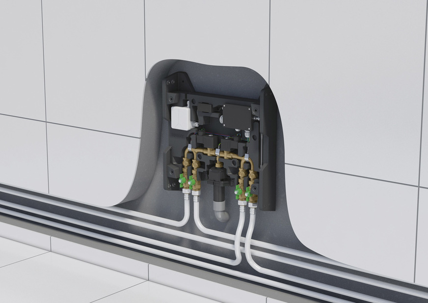 Bild 4  Spülstationen, wie hier Uponor Smatrix Aqua Plus, können flexibel in die Ringleitung eingebunden werden und sorgen dort für den bedarfsgerechten Austausch des Wasserinhalts bei längeren Nutzungsunterbrechungen.