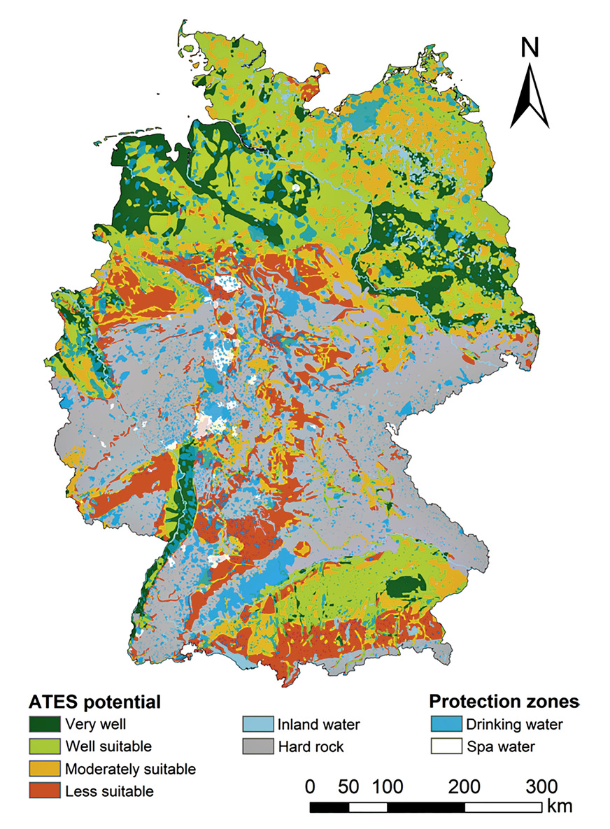 Potenzial für Niedrigtemperatur-ATES in Deutschland. Besonders gute Voraussetzungen für Aquiferspeicher finden sich im norddeutschen Becken, im Oberrheingraben und im süddeutschen Molassebecken.