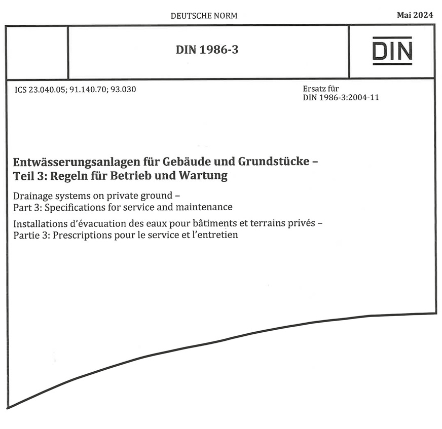 ﻿Die im Mai 2024 als Weißdruck erschienene DIN 1986-3 umfasst 22 Seiten. Das Dokument gilt zusammen mit der DIN 1986-30 „Entwässerungsanlagen für Gebäude und Grundstücke – Teil 30: Instandhaltung“.