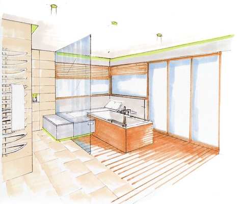 Bei der Planung altersgerechter Bäder ist Kreativität gefordert. So dient hier die Verlängerung der Steinruhebank neben der Badewanne als Sitzfläche beim ­Duschen. Glaswand und Bodenbelag gliedern den Raum in Dusch- und Badezone.