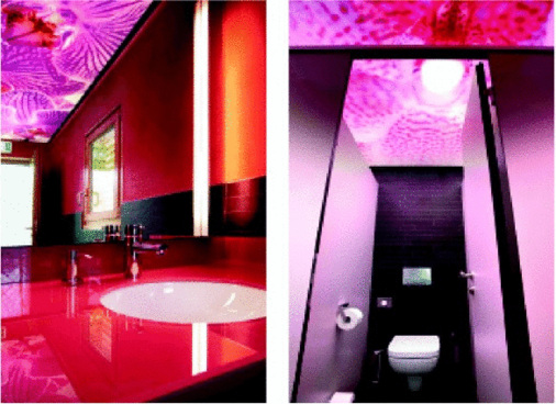 Romantische Atmosphäre im öffentlichen Damen-WC: Zart rosarote Wände, stimmungsvoll hinterleuchtete Orchideen an der Decke und Musik aus Vivaldis Vierjahreszeiten.
