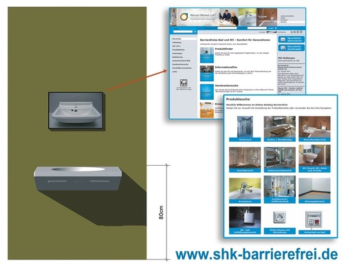 An der Stellwand wird ein ­barrierefreier Waschtisch installiert. Am Monitor ­darüber lassen sich Alternativen aus dem Onlinekatalog präsentieren.