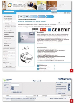 Bild 4: Letzter Schritt der Recherche – der Farbdrucker am PC-Arbeitsplatz exportiert den individuellen Katalog.<br />Bild 5: Preisanfrage und Bestellung der Barrierefrei-Artikel sind derzeit bei den Großhandelshäusern Elmer, Lotter sowie Wiedemann möglich.