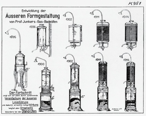 Übersicht zur Entwicklung der Form der Junkers-Gasbadeöfen bis 1914. Die in der ­unteren Reihe abgebildeten Standbadeöfen verfügen alle über „Heizofen-­Untersätze“. - © Junkers
