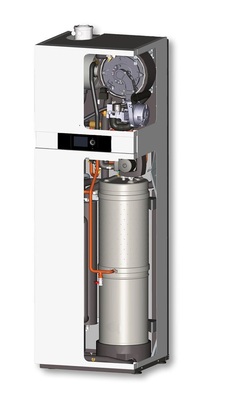 Das Zeolith-Kompaktgerät Vitosorp 200F mit einer Heizleistung von 10 kW kombiniert Brennwerttechnik mit einer Adsorptionswärmepumpe. - © Viessmann
