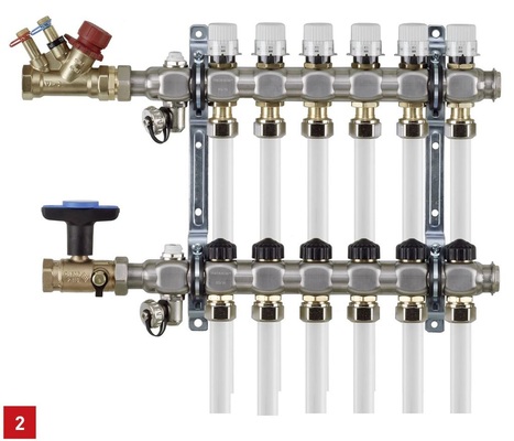 Heizkreisverteiler mit einstellbaren, automatischen Durchussreglern. Die Einstellung erfolgt in l/h. Der eingestellte Durchfluss wird kontinuierlich angepasst.