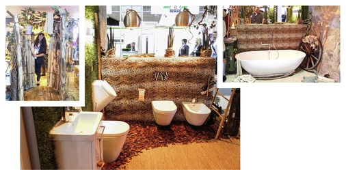 African Bathroom mit viel Holz, Naturstein — Dusche mit Kiesboden und Baumstämmen.