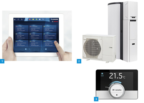 <p>
1 Alle Anlagen sofort im Blick – Homecom Pro von Junkers bindet Heizungsanlagen von Kunden in ein Planungstool für Service-Einsätze ein. 
</p>

<p>
2 Die Hybridsysteme Tzerra HP (im Bild) und Tzerra Sol von Remeha sind nun auch mit kleinerem, 390 l großem Kombispeicher erhältlich.
</p>

<p>
3 Ansprechendes Design und intuitive Bedienbarkeit sollen die Bedienoberfläche eTwist für die Tzerra-Familie auszeichnen.
</p>