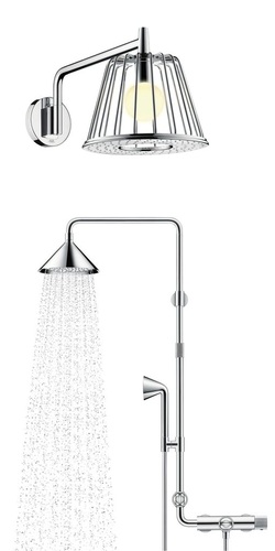Die Showerproducts designed by Front wollen auf die ver­borgene Ästhetik der Technik aufmerksam machen.Die Axor-Lampshower kombiniert Licht und Wasser und soll das traditionell isolierte ­Badezimmer zum Wohnraum hin öffnen.