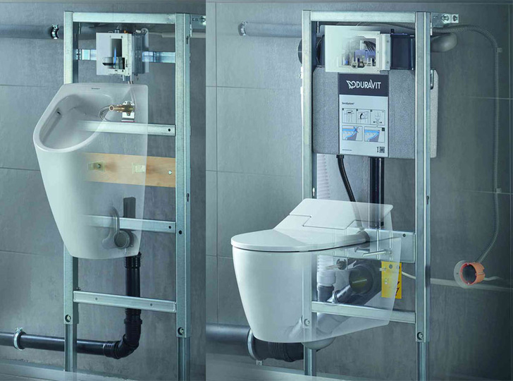 ME by Starck: 1. Urinal mit A2-Betägigungsplatte Chrom und Urinal-Element 2. SensoWash Slim WC mit WC-Element mit Geruchsabsaugung und Hygiene-Spülung - © Duravit
