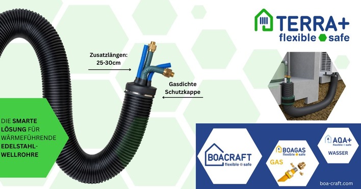 Gerne! Ein optimierter Alt-Text, der den fachlichen Kontext, die Anwendung und die Zielgruppe im B2B-Umfeld der Gebäudetechnik berücksichtigt, könnte lauten: Alt-Text-Vorschlag: Schwarze, flexibel isolierte Rohrleitung mit Armaturen und Anschlussstücken als Teil eines TERRA+ Systems für energieeffiziente Wärmeverteilung; Installation im Außenbereich demonstriert langlebige Lösungen für professionelle SHK-Anwendungen. Begründung: Dieser Text benennt konkrete Bauteile (Rohrleitung, Armaturen), weist das System als innovatives Produkt für die Wärmeverteilung aus (besonders relevant in SHK), betont den Praxisbezug (Außenbereich) sowie den Nutzen für professionelle Anwender. - © Boacraft