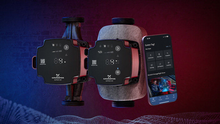 Zwei Grundfos-Pumpenaggregate und ein Smartphone, das eine App anzeigt, vor einem Hintergrund mit rotem und blauem Farbverlauf. - © Grundfos
