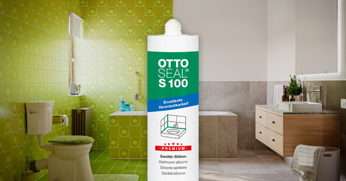 Eine Tube OTTOSEAL S100-Silikon steht in einem Badezimmer mit grün-beige gefliesten Wänden. - © OTTO-CHEMIE