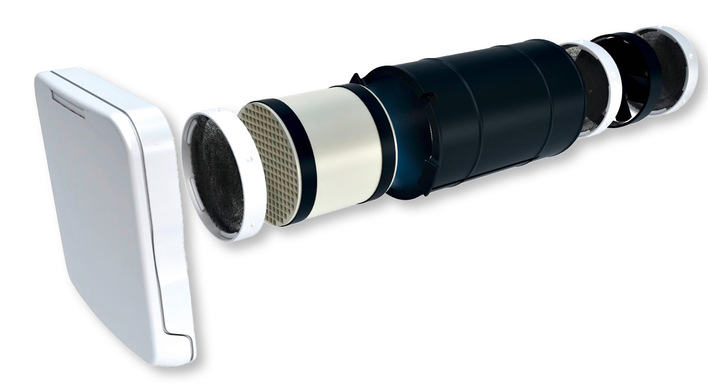 Explosionsdarstellung eines Luftreinigers mit detaillierter Ansicht der zylindrischen Komponenten und Filtersysteme zur Verbesserung der Innenraumluftqualität in gewerblichen Gebäuden. - © Bild: Leipfinger-Bader