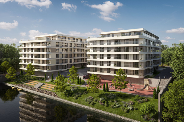 © Bonava Zum Zeitpunkt der Machbarkeitsstudie gab es für das Werftquartier am Rhein lediglich eine grobe Planung von sieben Mehrfamilienhäusern, einem Büroturm und einem Hotel.