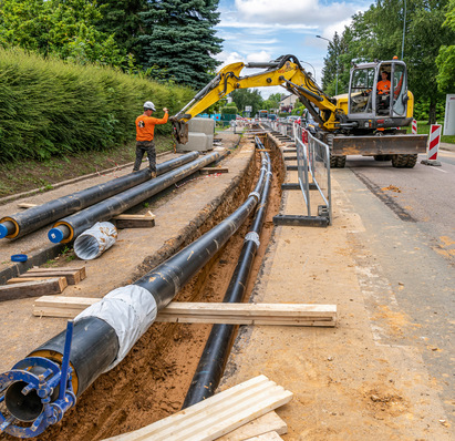 Hier ist ein optimierter Alt-Text, der die Inhalte und Zielgruppe des Fachverlags berücksichtigt: Optimierter Alt-Text: „Fachkräfte installieren großdimensionierte Versorgungsrohre in offener Bauweise entlang einer Straße; ein Bagger unterstützt die Arbeiten. Die Verlegung erfolgt hinter Absperrungen aktueller Sicherheitsstandards – Gerne modernster Installationstechnik für effiziente Wärmeverteilung und sichere Trinkwasser-Einsatzversorgung im Wohnungsbau.“ Begründung: Der Text benennt spezifisch das Gewerk („Fachkräfte“ statt allgemeines „construction states“), beschreibt den technischen Kontext (Versorgungsrohre; offene Bauweise; Bezug auf Wärmeverteilung und Trinkwasser), adressiert relevante Themen (Sicherheitsstandards, moderne Installationstechniken) und stellt so einen klaren Praxisbezug für Entscheider sowie Fachkräfte der SHK-Branche her. - © Bild: S. Leitenberger - stock.adobe.com