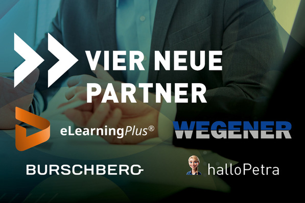 Optimierter, themenrelevanter Alt-Text: Vier neue Partner aus der SHK-Branche – eLearningPlus, Wegener, Burschberg und halloPetra – werden mit ihren Logos vor neutralem Hintergrund präsentiert; Im Fokus stehen Kooperationen für innovative Lösungen in der Sanitär-, Heizungs- und Klimatechnik. - © Intermodus Haustechnik