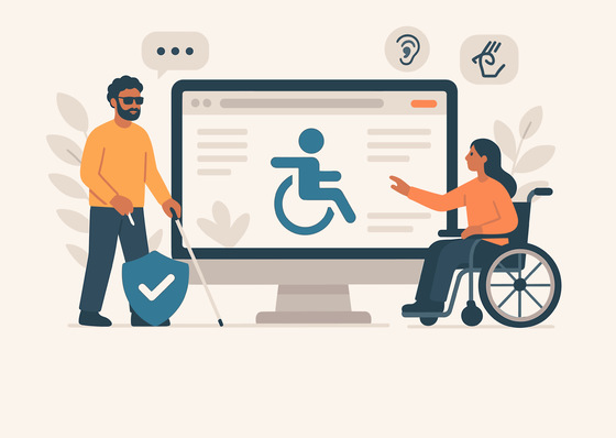 Ein blinder Mann und eine Frau im Rollstuhl diskutieren über die Zugänglichkeit eines Computers mit einem Rollstuhlsymbol. - © Bild: Tina - stock.adobe.com