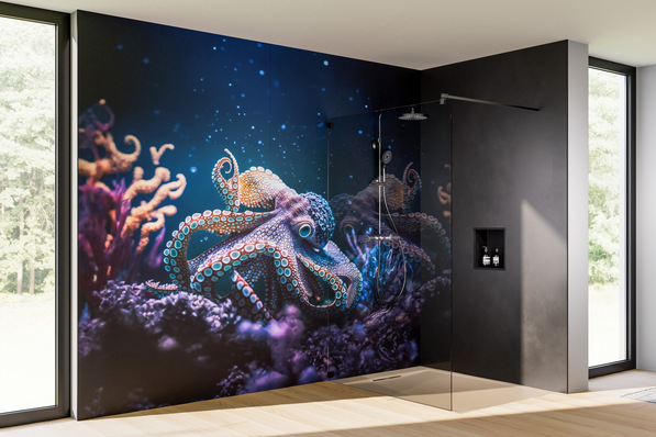 Modernes Badezimmer mit einer Glasdusche und einem farbenfrohen Kraken an der Wand, umgeben von Korallenmustern. - © HSK Duschkabinenbau
