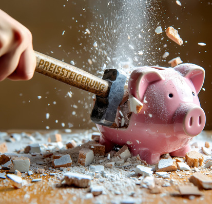 Ein Sparschwein wird mit einem Hammer mit der Aufschrift "PREISSTEIGERUNG" zerschlagen, wobei Münzen und Trümmer herumfliegen. - © Bild: Adobe Stock / useful pictures