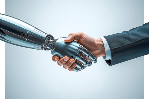 Eine menschliche Hand in einem Anzug schüttelt einer metallischen Roboterhand vor einem hellen Hintergrund die Hand. - © Wee Ha - stock.adobe.com