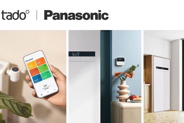 Logos von Tado und Panasonic mit Bildern eines intelligenten Thermostats, einer Smartphone-App und eines Heizungssystems. - © Panasonic / tado°