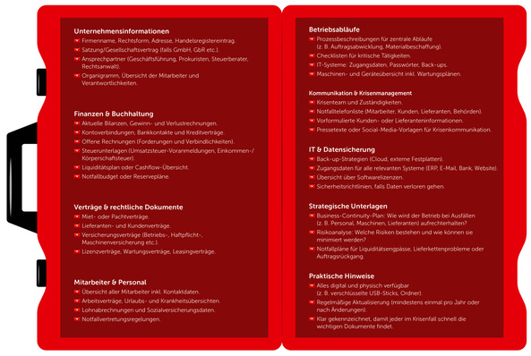 Eine illustrierte rote Notfallmappe listet die wichtigsten Unternehmensdokumente nach Kategorien geordnet in weißer Schrift auf. - © adobestock.com - Alena