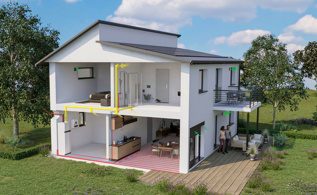 © Bild: Nibe Abluft-Wärmepumpe mit dezentraler Lüftung im Einfamilienhaus.